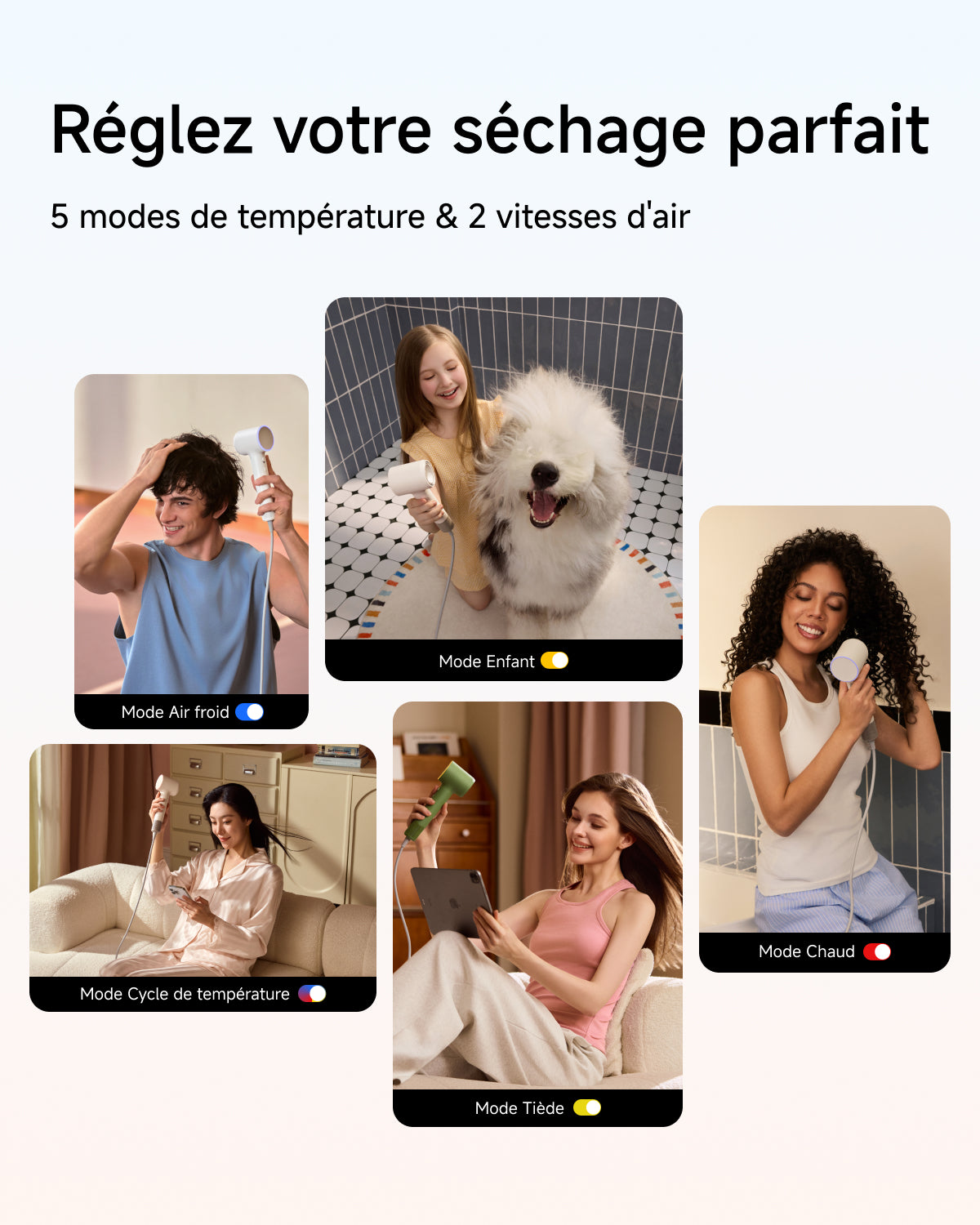 Réglage des 5 modes de température et 2 vitesses du sèche-cheveux Laifen Air Pro green