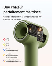Vue interne du système de contrôle intelligent de la température du sèche-cheveux Laifen Air Pro couleur green